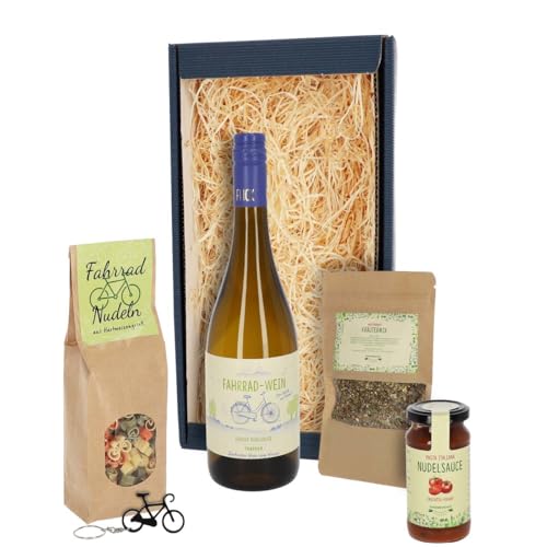 Geschenkset Fahrrad mit Wein, Nudeln, Sauce, Gewürzen und Fahrradanhänger von Firlefantastisch Der Partyshop