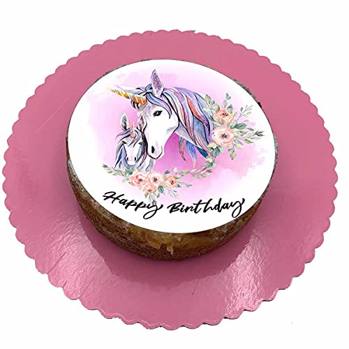 Essbarer Tortenaufleger Einhorn Happy Birthday mit Servierplatte // Einhorn Tortendekoration von Firlefantastisch