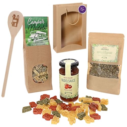 Feinkost Geschenk-Set Wohnmobil – Nudeln in Wohnmobilform 250g, Pasta Sauce 200ml, Mediterrane Gewürze 35g & Kochlöffel mit Gravur – Originelles Camper Geschenk in Tragetasche von Firlefantastisch Der Partyshop