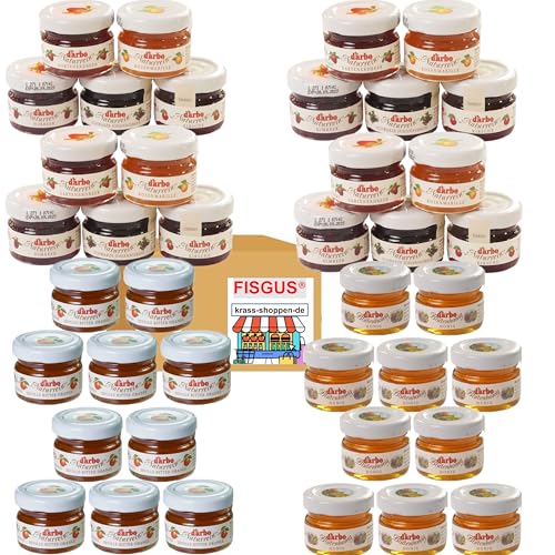 40 Mini Gläser - 20 x Darbo Konfitüre in 5 Sorten - 10 x Darbo Blütenhonig in Mini Gläsern - 10 x Darbo Bitter Orangenmarmelade - Ein Bundle von FISGUS® by krass-shoppen-de von FisGus