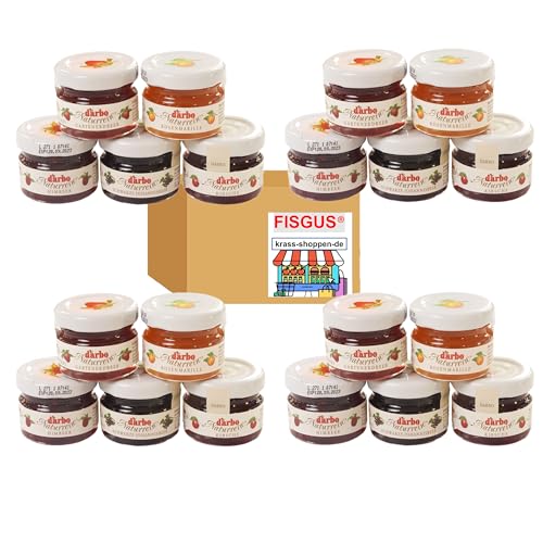 Darbo 20 Minigläser Konfitüre in 5 Sorten - je 4 Stück Erdbeere, Marille (Aprikose), Himbeere, Kirsche und Schwarze Johannisbeere - Ein Bundle von FISGUS® by krass-shoppen-de von FisGus