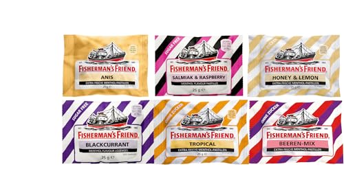 Fisherman's Friends 6 x 25g mit folgenden Sorten: Salmiak-Raspberry - Honey-Lemon - BlackCurrant - Beeren-Mix - Tropical - Anis - ein Bundle von krass-shoppen-de von FisGus
