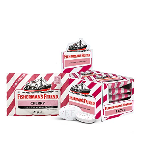 Fisherman's Friend Cherry, Exklusive 8er Box, Kirsche und Menthol Geschmack, zuckerfrei & vegan, Bonbons für frischen Atem, 8 x 25g von Fisherman's Friend