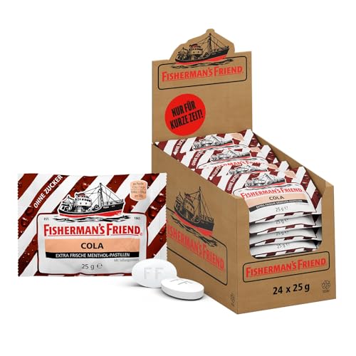 Fisherman's Friend Cola, 24er Vorratsbox, Exklusive Sorte mit Cola und Menthol Geschmack, zuckerfrei und vegan, Cola-Bonbons für frischen Atem, 24 x 25g Fisherman's Friend Cola, 24er Vorratsbox, Exklusive Sorte mit Cola und Menthol Geschmack, zuckerfrei und vegan, Cola-Bonbons für frischen Atem, 24 x 25g von Fisherman's Friend