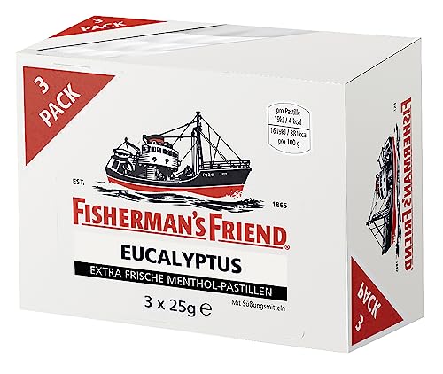 Fisherman's Friend Eucalyptus, 3er Vorratsbox, Eucalyptus und Menthol Geschmack, mit Zucker & vegan, Bonbons für frischen Atem, 3 x 25g von Fishermans Friend