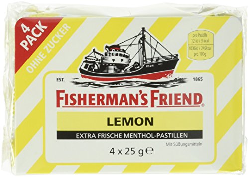 Fisherman's Friend Lemon ohne Zucker - Hustenbonbons, 4er Pack (4 x 25 g) von Fisherman's Friend