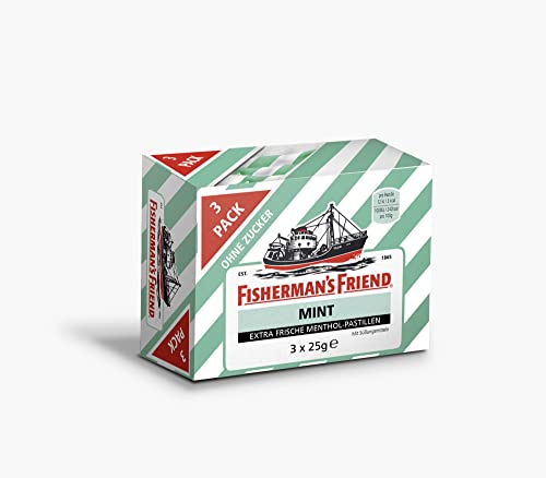 Fisherman's Friend Mint, 3er Vorratsbox, Pfefferminze und Menthol Geschmack, zuckerfrei & vegan, Bonbons für frischen Atem, 3 x 25g von Fisherman's Friend