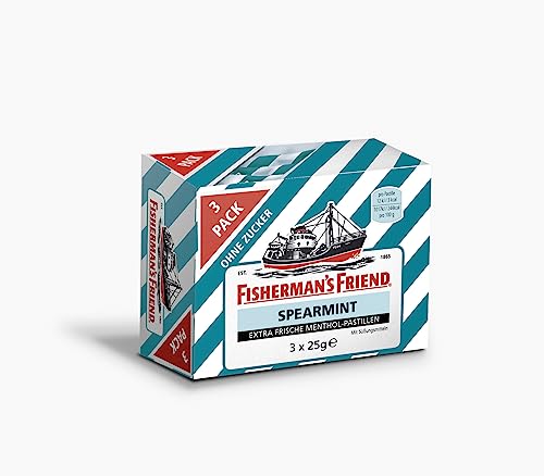 Fisherman's Friend Spearmint, 3er Vorratsbox, grüne Minze und Menthol Geschmack, zuckerfrei & vegan, Bonbons für frischen Atem, 3 x 25g von Fisherman's Friend