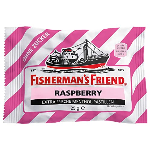Fisherman's Friend Raspberry | Karton mit 24 Beuteln | Himbeere und Menthol Geschmack | Zuckerfrei für frischen Atem von Fisherman's Friend