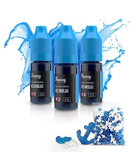 FLAVING® – Lebensmittelfarbe Ozeanblau 3er Set – Made in Schweiz – 3x 12 ml – gratis Silberkugeln – food coloring – für alle, die gerne backen und basteln von Flaving