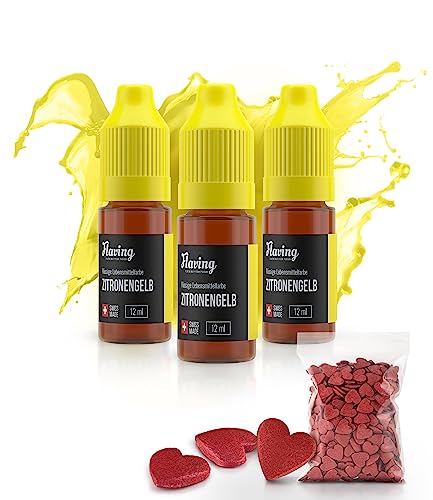 FLAVING® – Lebensmittelfarbe Zitronengelb 3er Set – Made in Schweiz – 3x 12 ml – gratis rote Herzen-Streusel – food coloring – für alle, die gerne backen und basteln von Flaving
