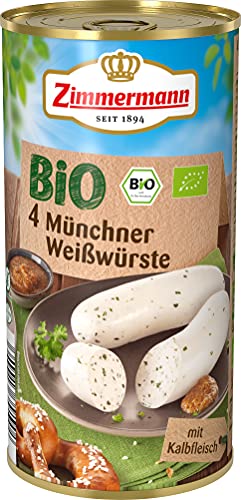 Fleischwerke Zimmermann 4 Münchner Weißwürste BIO (Mit Kalbfleisch) Bayrische Spezialität (Dose 250 g) von Fleischwerke Zimmermann