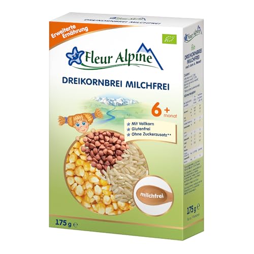 FLEUR ALPINE Bio 3-Korn-Getreidebrei milchfrei - Babybrei für köstliches Frühstück, Nahrhafter & einfach zuzubereitender glutenfreier Brei, Babynahrung nach dem 6+ Monat ohne Zuckerzusatz, 7 Port. von Fleur Alpine