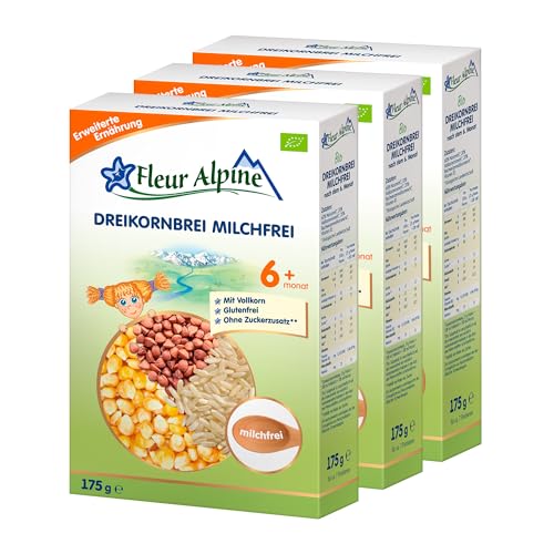 FLEUR ALPINE Bio 3-Korn-Getreidebrei milchfrei - Babybrei für köstliches Frühstück, Nahrhafter & einfach zuzubereitender glutenfreier Brei, Babynahrung nach dem 6+ Monate ohne Zuckerzusatz, 3x7 Port. FLEUR ALPINE Bio 3-Korn-Getreidebrei milchfrei - Babybrei für köstliches Frühstück, Nahrhafter & einfach zuzubereitender glutenfreier Brei, Babynahrung nach dem 6+ Monate ohne Zuckerzusatz, 3x7 Port. von Fleur Alpine