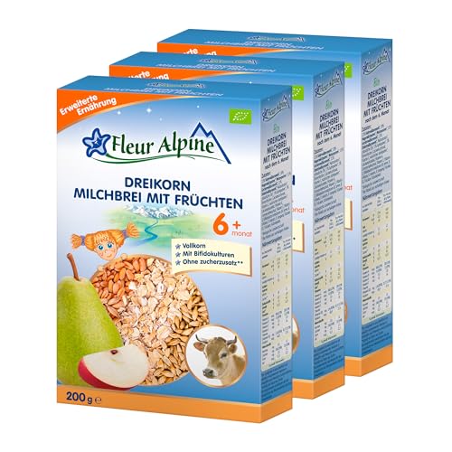 FLEUR ALPINE Bio Baby Dreikornbrei mit Früchten - Milchbrei für köstliches Frühstück, Nahrhafter & einfach zuzubereitender glutenfreier Brei, Babynahrung nach dem 6+ Mon. ohne Zuckerzusatz, 3x5 Port. FLEUR ALPINE Bio Baby Dreikornbrei mit Früchten - Milchbrei für köstliches Frühstück, Nahrhafter & einfach zuzubereitender glutenfreier Brei, Babynahrung nach dem 6+ Mon. ohne Zuckerzusatz, 3x5 Port. von Fleur Alpine