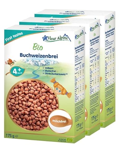 FLEUR ALPINE Bio Babybrei Buchweizen 3er Pack - Leckerer Frühstücksbrei | Nahrhaft und glutenfrei | einfache Zubereitung | Babynahrung 4+ Monate ohne Zuckerzusatz | 3x7 Portionen von Fleur Alpine