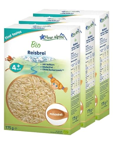 FLEUR ALPINE Bio Reis Baby-Müsli, 3 Stück – leckerer Babybrei für köstlich glatte Frühstücksmahlzeiten, nahrhafter, sofortiger glutenfreier Brei, ab 4 Monaten ohne Zuckerzusatz | 3 x 7 Portionen von Fleur Alpine