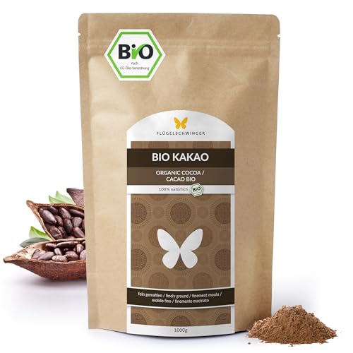 1kg BIO Kakao Pulver, roh & ungeröstet, 100% natürlich, ohne Zusätze, ohne Zucker, aus biologischem Anbau, 100% Kakao, stark entölt, 11% Fett, Rohkakao, Rohkost (1000g) von Flügelschwinger