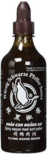 FLYING GOOSE würzig schwarze Pfeffer Sauce - scharf, schwarze Kappe, Würzsauce aus Thailand, 1er Pack (1 x 455 ml) von Flying Goose