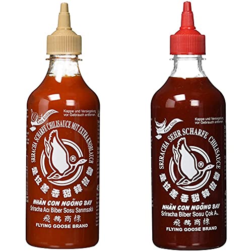 FLYING GOOSE Sriracha scharfe Chilisauce mit extra Knoblauch - scharf, braune Kappe, Würzsauce aus Thailand, 1er Pack (1 x 455 ml) & Sriracha sehr scharfe Chilisauce, 1er Pack (1 x 455 ml) von Flying Goose