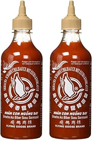 FLYING GOOSE Sriracha scharfe Chilisauce mit extra Knoblauch - scharf, braune Kappe, Würzsauce aus Thailand, 2er Pack (1 x 455 ml) von Flying Goose