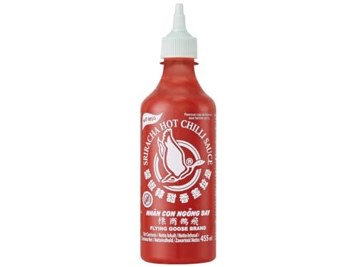 FLYING GOOSE Sriracha scharfe Chilisauce - ohne Glutamat, scharf, weiße Kappe, Würzsauce aus Thailand, 1er Pack (1 x 455 ml) von Flying Goose