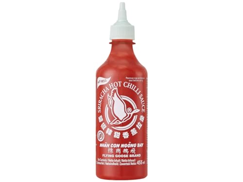 FLYING GOOSE Sriracha scharfe Chilisauce - ohne Glutamat, scharf, weiße Kappe, Würzsauce aus Thailand, 1er Pack (1 x 455 ml) von Flying Goose