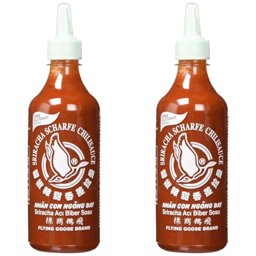 FLYING GOOSE Sriracha scharfe Chilisauce - ohne Glutamat, scharf, weiße Kappe, Würzsauce aus Thailand, 2er Pack (1 x 455 ml) von Flying Goose