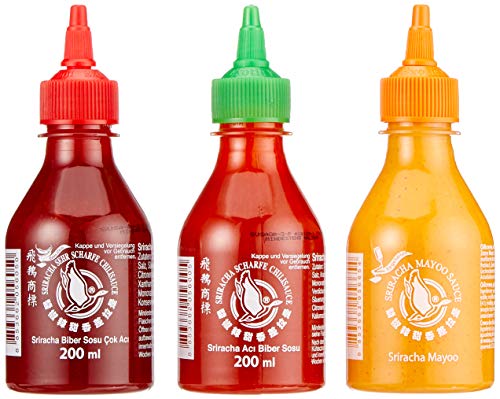 FLYING GOOSE Sriracha scharfe Chilisaucen Mischkarton (in 3 Geschmacksrichtungen, Würzsauce aus Thailand) 12er Pack à 200 ml (5 x scharf , 4 x sehr scharf , 3x Mayoo) von Flying Goose