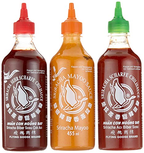 FLYING GOOSE Sriracha scharfe Chilisaucen Mischkarton (in 3 Geschmacksrichtungen, Würzsauce aus Thailand) 12er Pack à 455 ml (5 x scharf , 4 x sehr scharf , 3x Mayoo) von Flying Goose