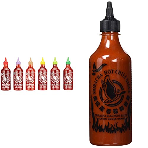 Flying Goose Sriracha scharfe Chilisaucen Mischkarton (in 6 Geschmacksrichtungen, Würzsaucen aus Thailand zum Würzen) 6er Pack (6 x 455ml) & Sriracha Chilisauce "BLACKOUT", (455 ml) von Flying Goose
