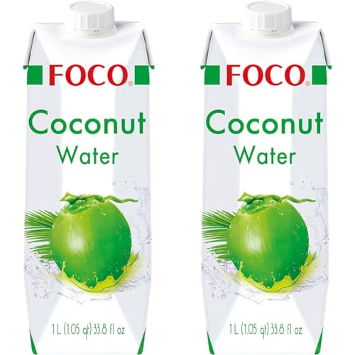 FOCO Kokoswasser, pur, erfrischender Durstlöscher, Sportgetränk, kalorienarm, von Natur aus vegan, 100% Kokosnusswasser - 1 x 1 l (Packung mit 2) von Foco
