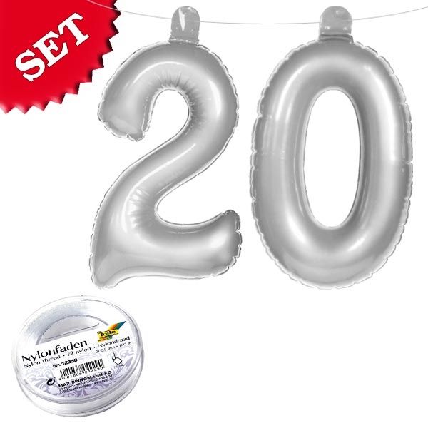 Infletter-Set Zahl 20 in Silber, aufblasbare Deko 20. Geburtstag von Folat