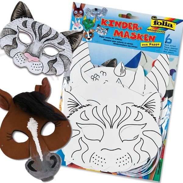 Kindermasken zum Bemalen und Bekleben, 6 Stück, versch. Tiermotive für Mottoparty Zoo von Folia Bringmann