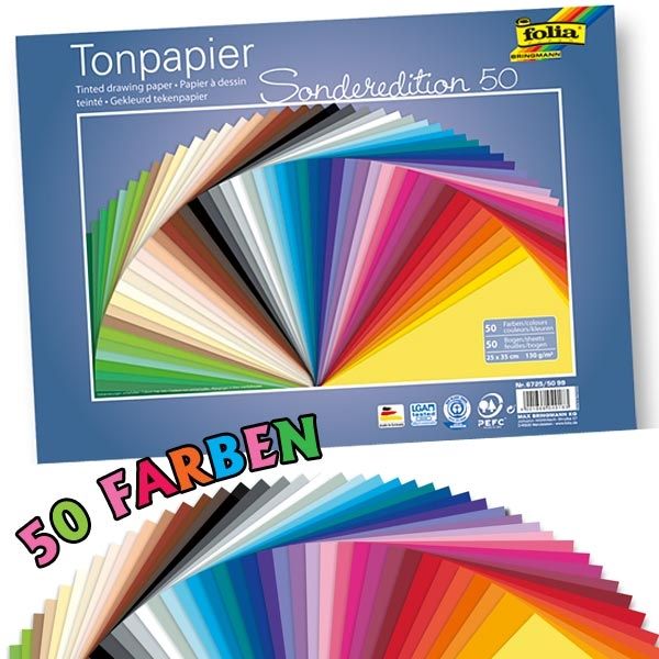 Tonpapier 50 Blatt, 50 versch. Farben, 25cm x 35cm, ideal zum Basteln der verschiedensten Dinge von Folia Bringmann