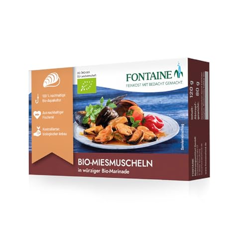 Fontaine - Bio-Miesmuscheln in würziger Bio-Marinade – 120 g – 5er Pack - handeingelegten Muscheln aus 100% zertifizierter, nachhaltiger Fischerei und kontrolliertem Anbau von Fontaine