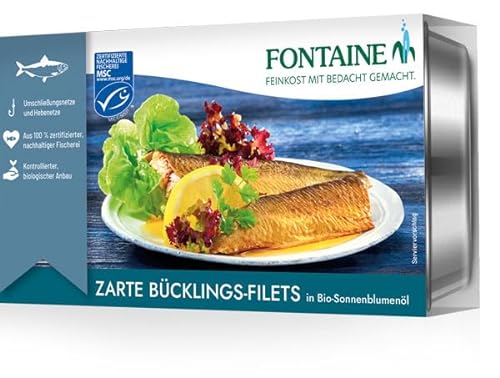 Fontaine - Bücklingfilets in Bio-Sonnenblumenöl – 190 g – 5er Pack - Zarte Heringsspezialität aus 100% zertifizierter, nachhaltiger Fischerei und kontrolliertem Anbau von Fontaine