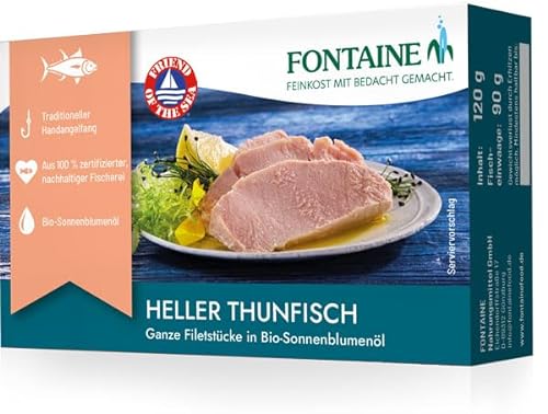 Fontain - Heller Thunfisch in Bio-Sonnenblumenöl – 120 g – 5er Pack - Ganze Thunfischfilets aus 100% zertifizierter, nachhaltiger Fischerei und kontrolliertem Anbau von Fontaine