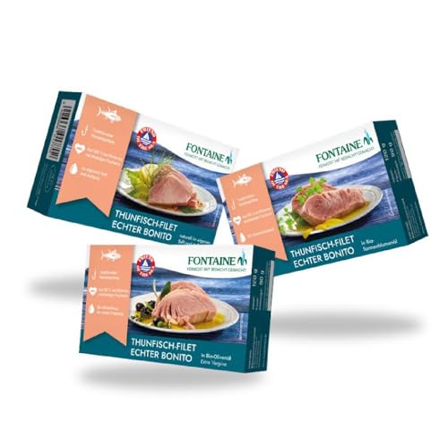 Fontaine - Echter Bonito Thunfisch Bundle - 3 Sorten (je 2 Dosen) - 6er Pack - Thunfischfilets im eigenen Saft, in Bio-Olivenöl und in Bio-Sonnenblumenöl, aus 100% nachhaltiger Fischerei von Fontaine