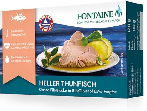 Fontaine - Heller Thunfisch in Bio-Olivenöl - 120 g – 5er Pack - Ganze Thunfischfilets aus 100% zertifizierter, nachhaltiger Fischerei und kontrolliertem Anbau von Fontaine