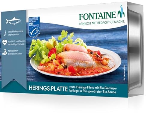 Fontaine - Herings-Platte mit Gemüseeinlage - 200 g - 5er Pack - Zarte Heringstücke aus 100% zertifizierter, nachhaltiger Fischerei und kontrolliertem Anbau von Fontaine