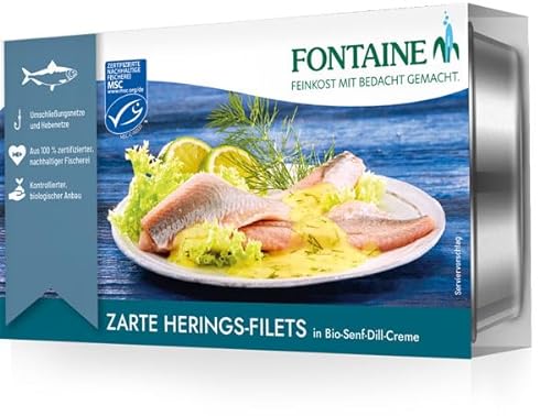 Fontaine - Heringsfilets in Bio-Senf-Dill-Creme - 200 g - 5er Pack - Zarter Hering mit Senf-Soße aus 100% zertifizierter, nachhaltiger Fischerei und kontrolliertem Anbau von Fontaine