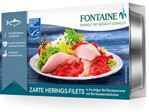 Fontaine - Heringsfilets in Bio-Tomaten-Creme - 200 g - 5er Pack - Zarter Hering mit Tomate aus 100% zertifizierter, nachhaltiger Fischerei und kontrolliertem Anbau von Fontaine