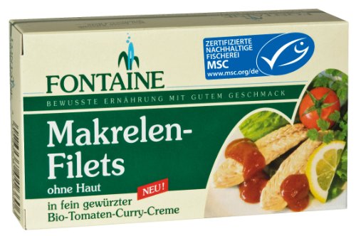 Fontaine Makrelen-Filets ohne Haut in Bio Tomaten-Curry-Creme 125g Fischkonserve, 10er Pack (10 x 125 g) von Fontaine