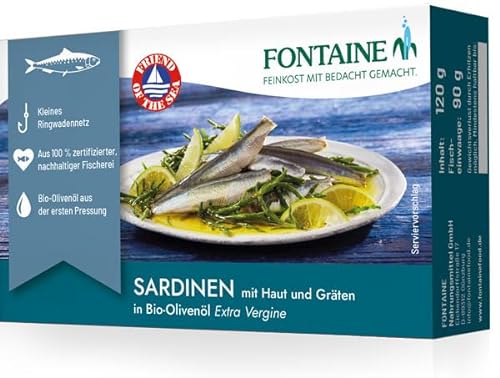 Fontaine - Sardinen mit Haut und Gräten in Bio-Olivenöl – 120 g – 5er Pack - Premium Sardinenfilets aus 100% zertifizierter, nachhaltiger Fischerei und kontrolliertem Anbau von Fontaine