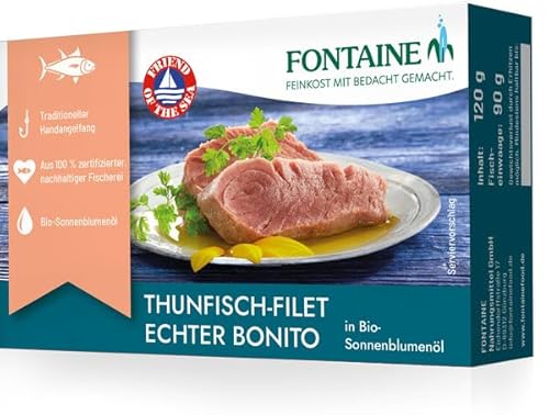 Fontaine - Thunfisch Echter Bonito in Bio-Sonnenblumenöl – 120 g – 5er Pack - Premium Thunfischfilets aus 100% zertifizierter, nachhaltiger Fischerei und kontrolliertem Anbau von Fontaine