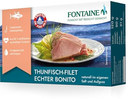 Fontaine - Thunfisch Echter Bonito naturell – 120 g – 5er Pack - Premium Thunfischfilets im eigenen Saft und Aufguss, aus 100% zertifizierter, nachhaltiger Fischerei und kontrolliertem Anbau von Fontaine