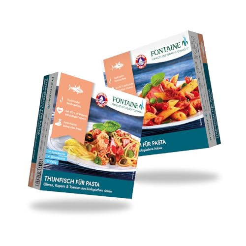 Fontaine - Thunfisch für Pasta Bundle - 2 Sorten (je 3 Dosen) - 6er Pack - Premium Bonito Thunfischfilets mit Tomate oder Oliven & Kapern, aus 100% nachhaltiger Fischerei von Fontaine