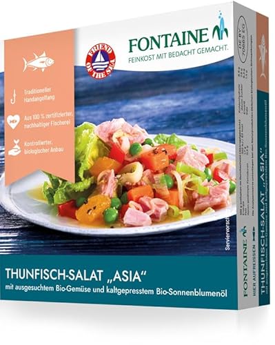 Fontaine Thunfischsalat Asia – 200 g – 5er Pack - mit Bonito Thunfischfilets aus 100% zertifizierter, nachhaltiger Fischerei und Bio-Gemüse aus kontrolliertem Anbau von Fontaine