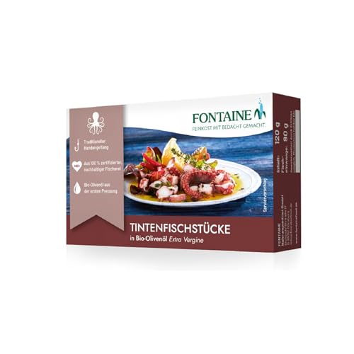 Fontaine - Tintenfischstücke in Bio-Olivenöl – 120 g – 5er Pack - Premium Tintenfisch in Olivenöl aus 100% zertifizierter, nachhaltiger Fischerei und kontrolliertem Anbau von Fontaine